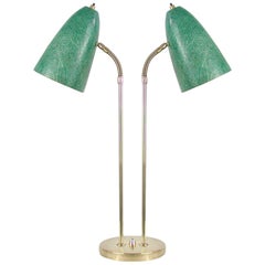 Swedish Midcentury Double Gooseneck Green Fiberglass Desk Lamp, 1950s