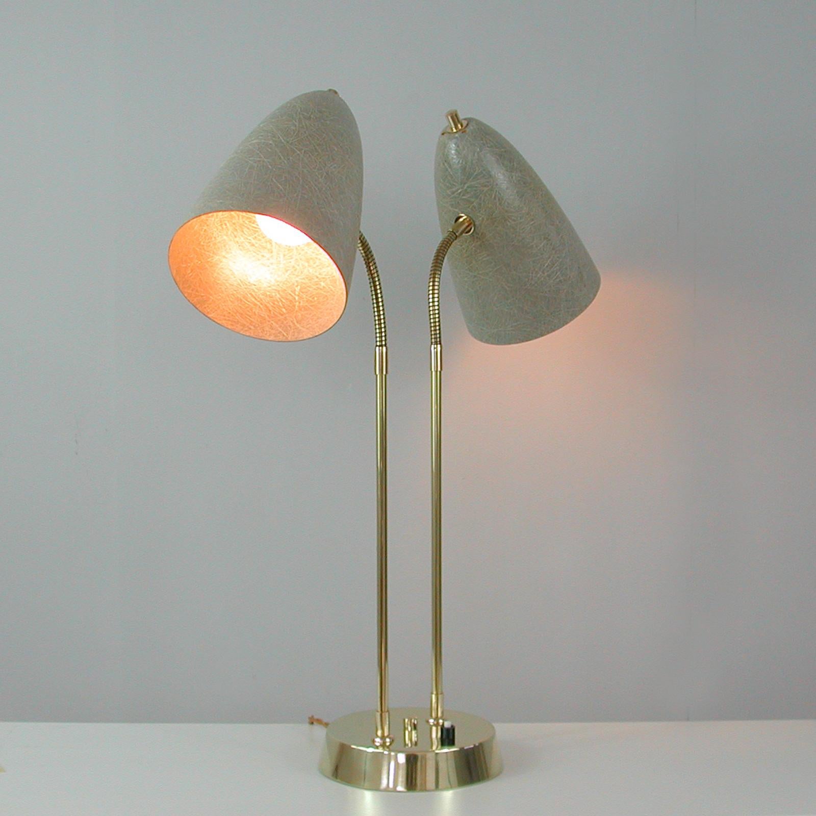 Mid-Century Modern Swedish Mid-Century Double Gooseneck Grey Fiberglass Desk Lamp, 1950s For Sale