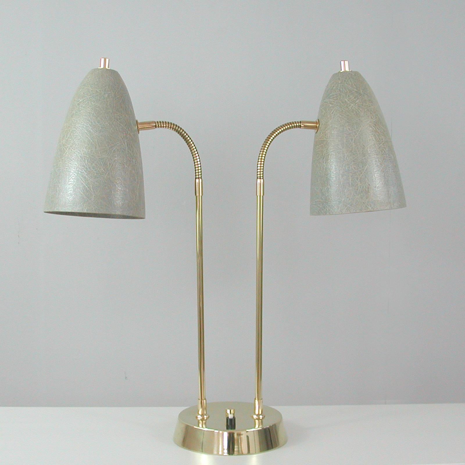 Brass Swedish Mid-Century Double Gooseneck Grey Fiberglass Desk Lamp, 1950s For Sale