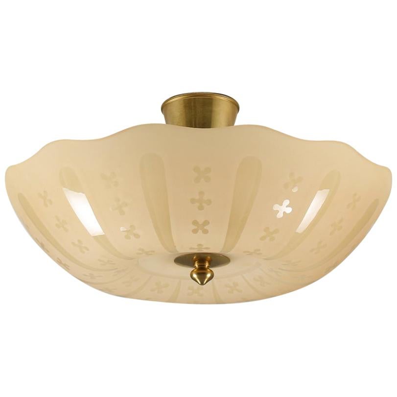 Swedish Midcentury Flush Mount in Glass and Brass, 1940s