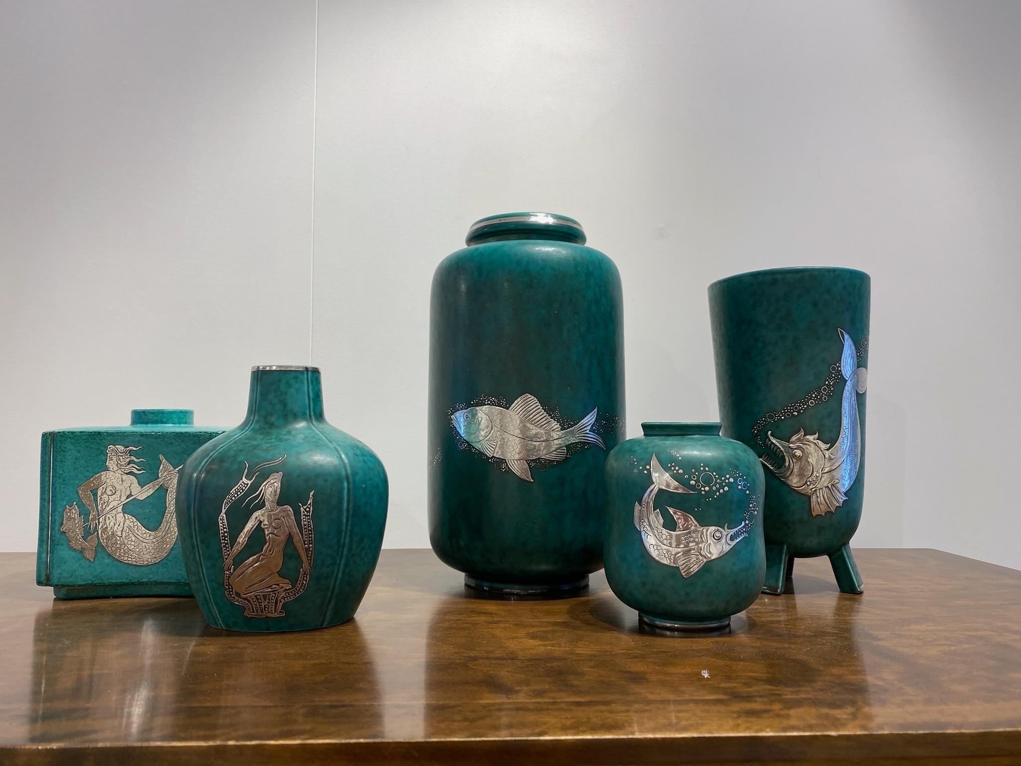 20th Century Swedish Midcentury Mermaid and Fish Turquoise and Silver Vase, 1950