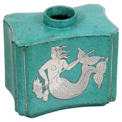 Retro Swedish Midcentury Mermaid and Fish Turquoise and Silver Vase, 1950