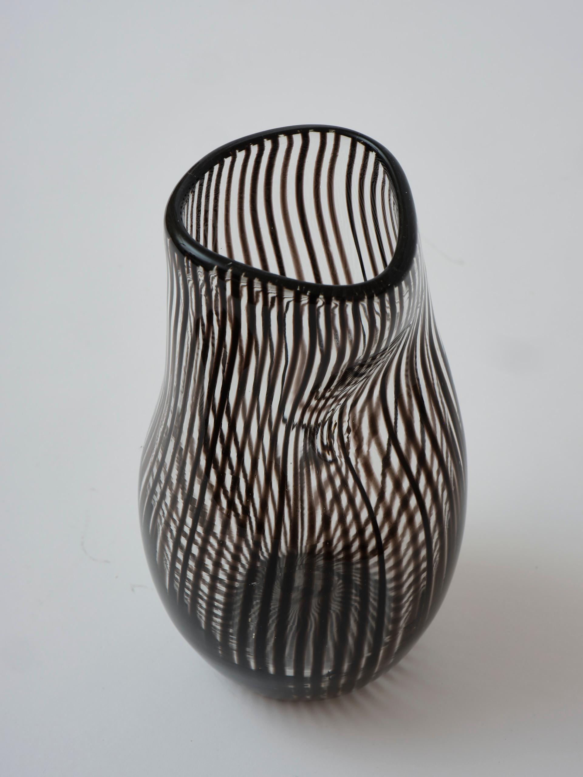 Glass Swedish midcentury mouth blown striped glass vase For Sale