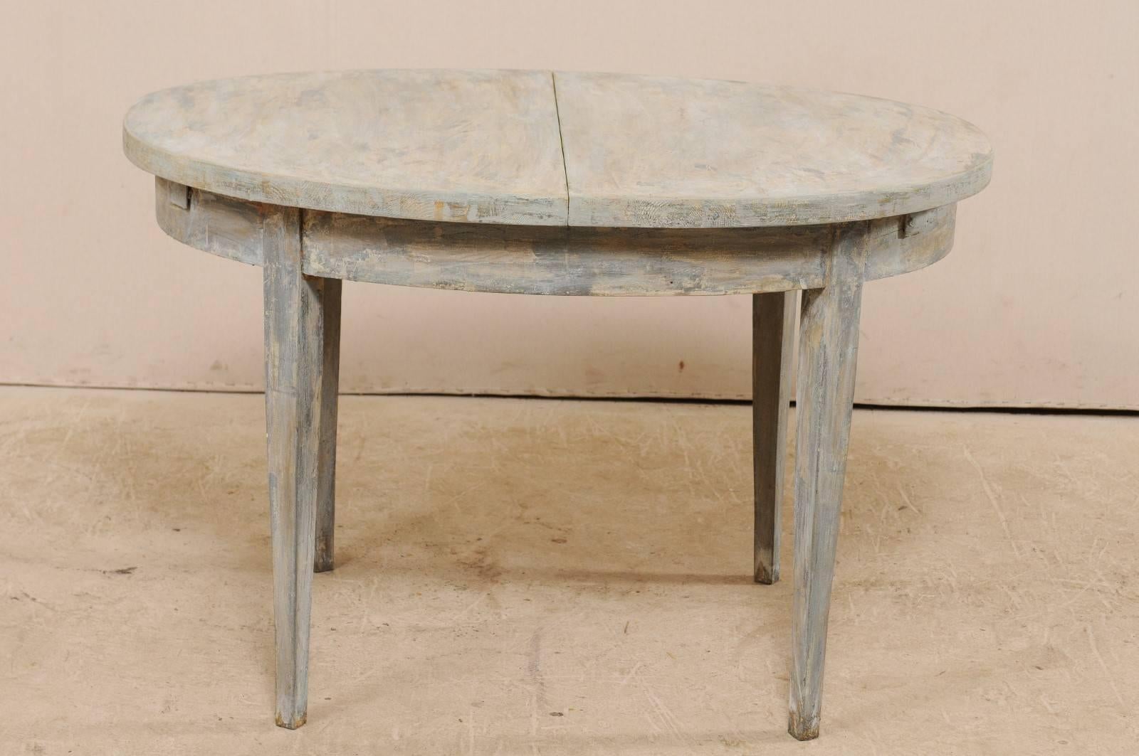 Carved Swedish Midcentury Painted Wood Oval Occasional Table in Soft Blue-Grey
