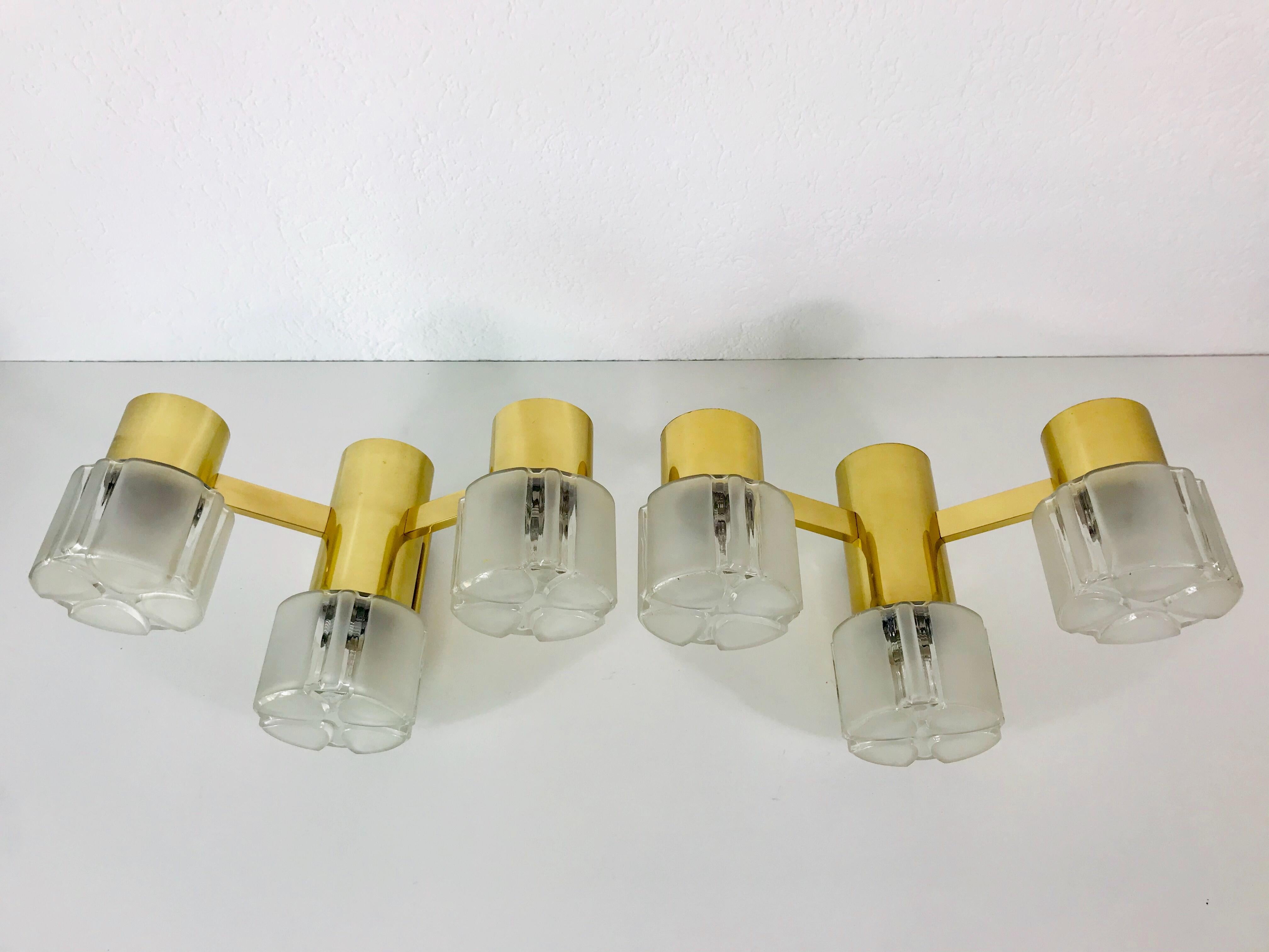 Swedish Midcentury Pair of Brass and Glass Wall Lamps, 1960s For Sale 1