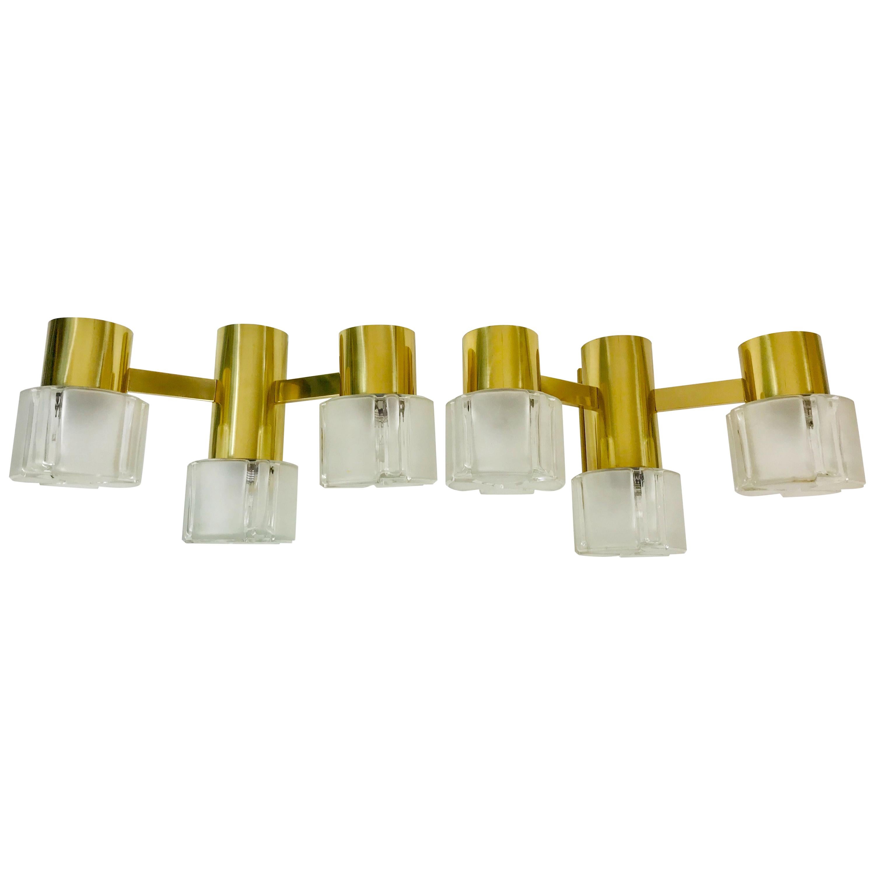 Swedish Midcentury Pair of Brass and Glass Wall Lamps, 1960s