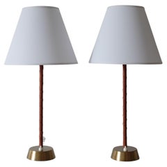 Swedish Midcentury Pair of Leather and Brass Table Lamps