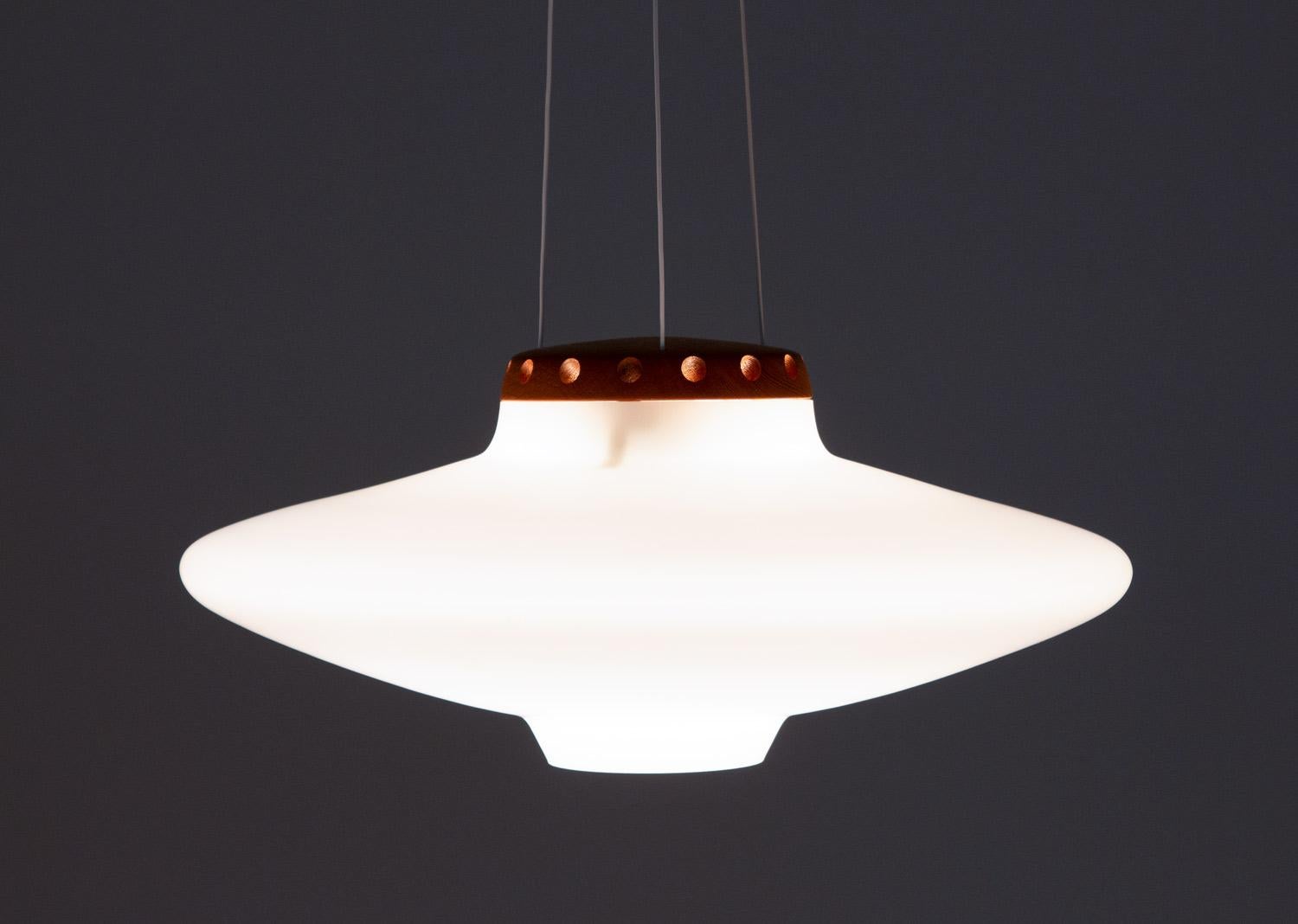 Swedish Midcentury Pendant in Oak and Opaline Glass by Luxus For Sale 6