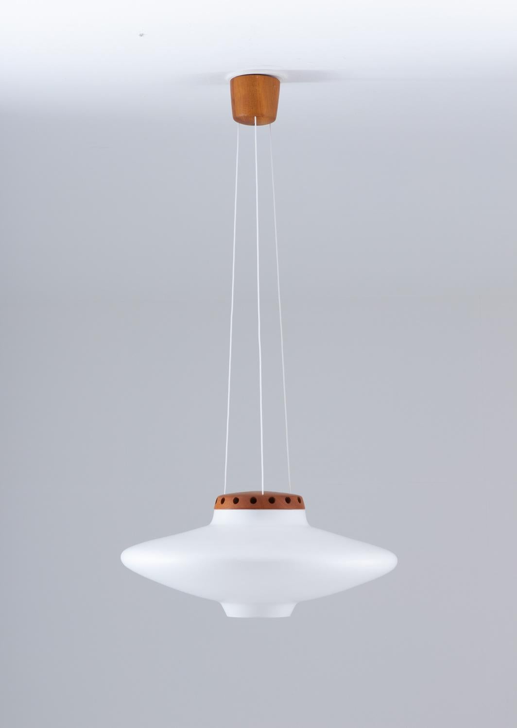 Scandinavian Modern Swedish Midcentury Pendant in Oak and Opaline Glass by Luxus For Sale