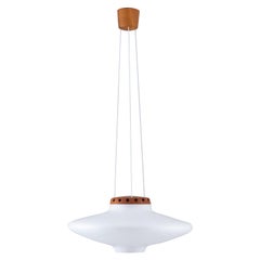 Swedish Midcentury Pendant in Oak and Opaline Glass by Luxus