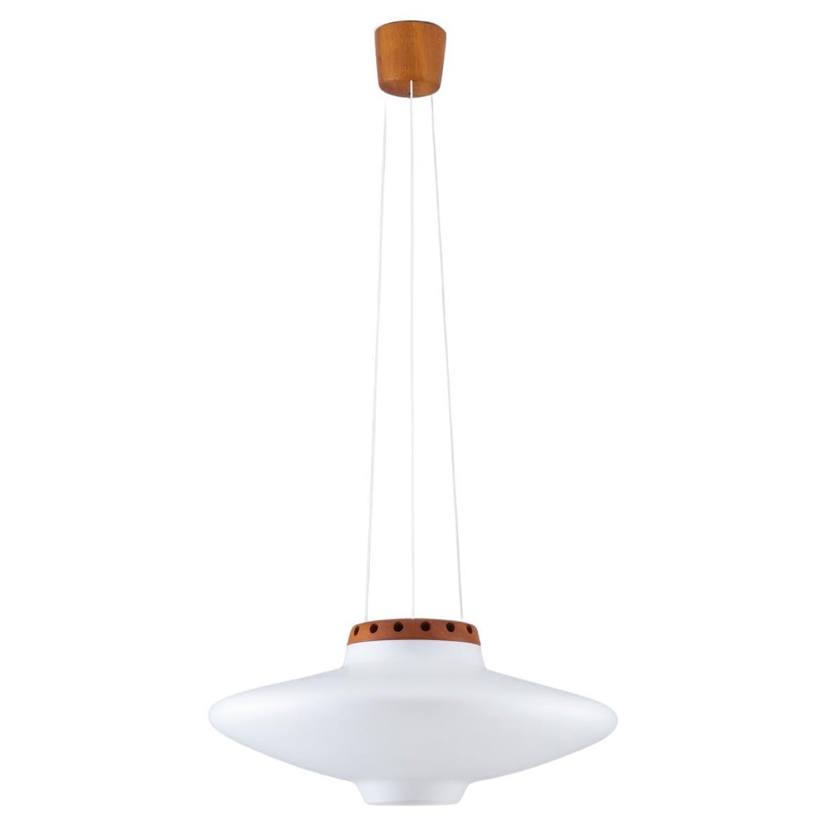 Swedish Midcentury Pendant in Oak and Opaline Glass by Luxus For Sale
