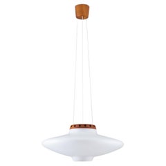 Swedish Midcentury Pendant in Oak and Opaline Glass by Luxus