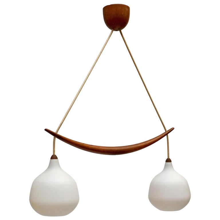 Swedish Midcentury Pendant in Oak and Opaline Glass For Sale