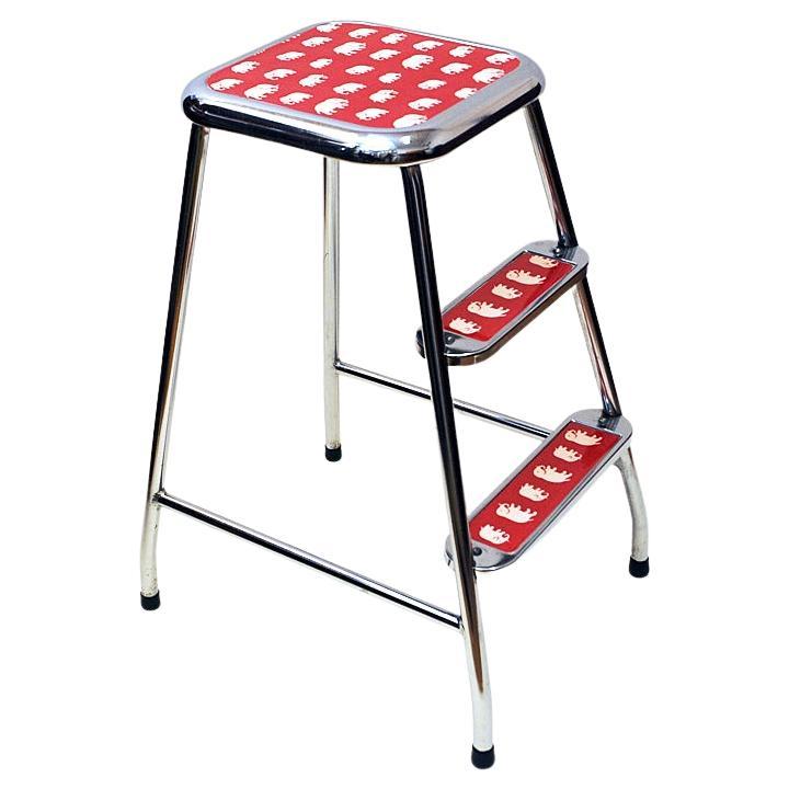 Swedish Midcentury Step Stool of Chromed Steel with Elephant Pattern 1950s