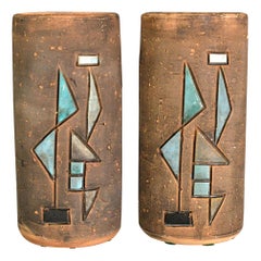 Swedish Midcentury Stoneware Vases with Stylized Sailboats, Tilgman's Karamik