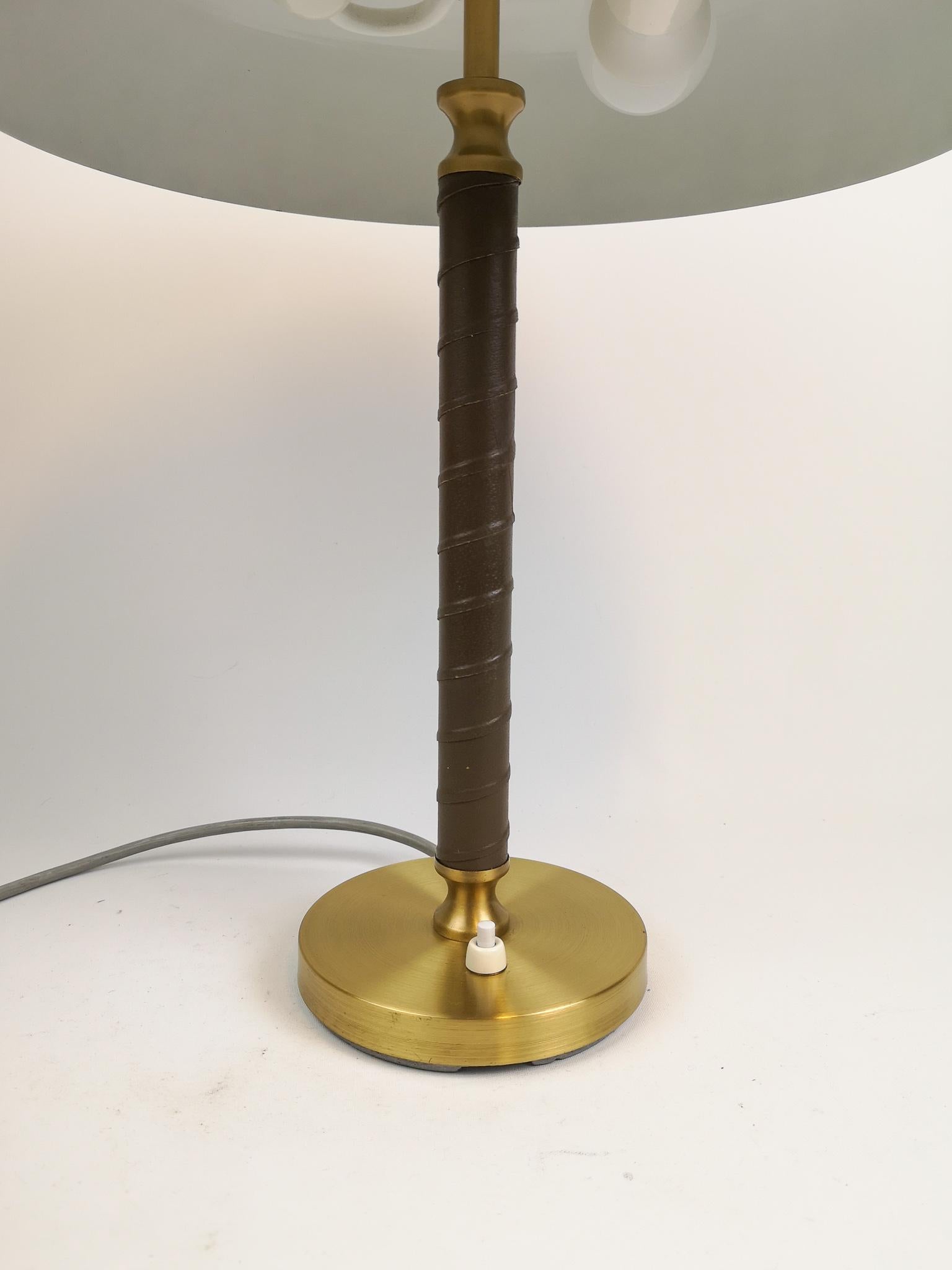 Metal Swedish Midcentury Table Lamp in Brass and Leather by Boréns