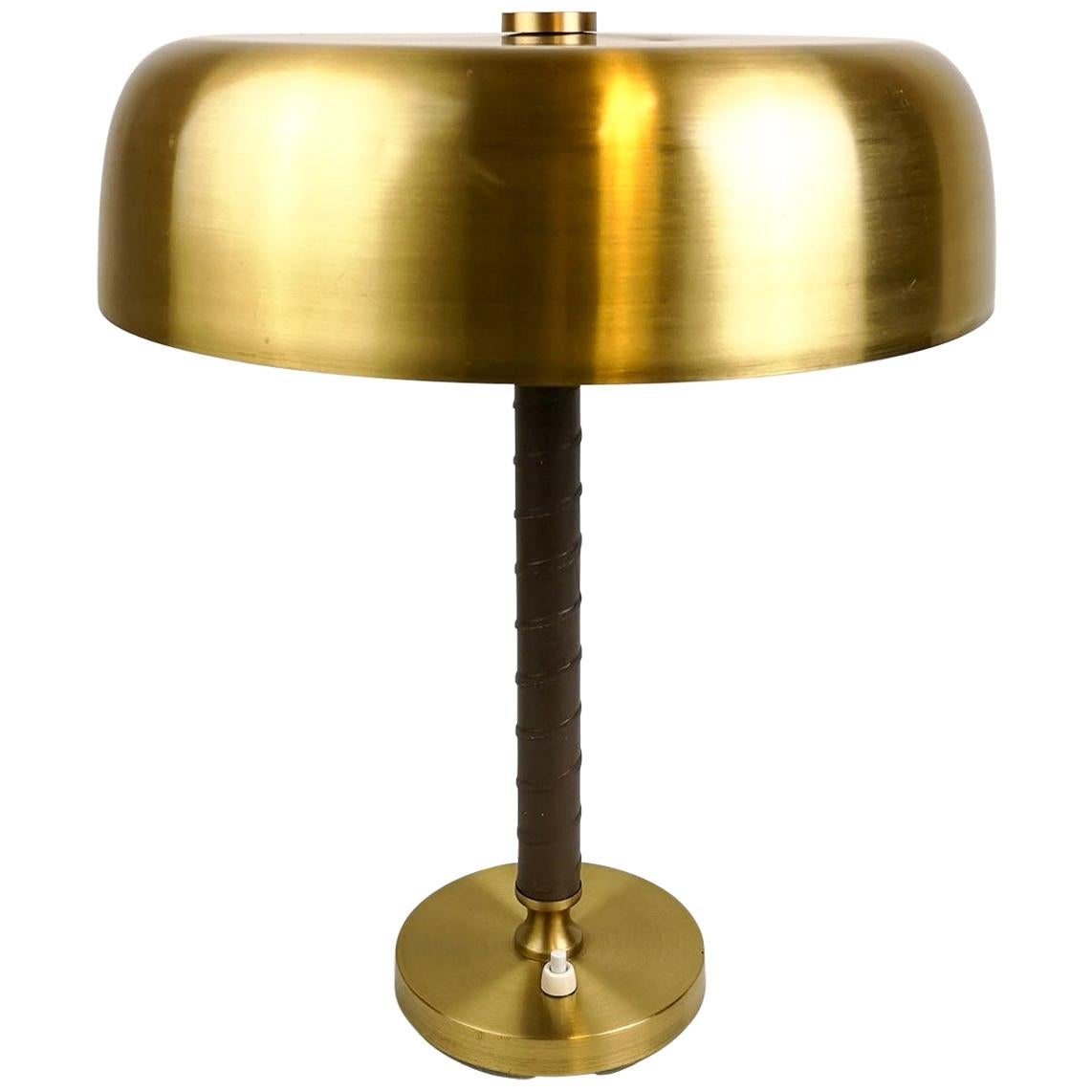 Swedish Midcentury Table Lamp in Brass and Leather by Boréns
