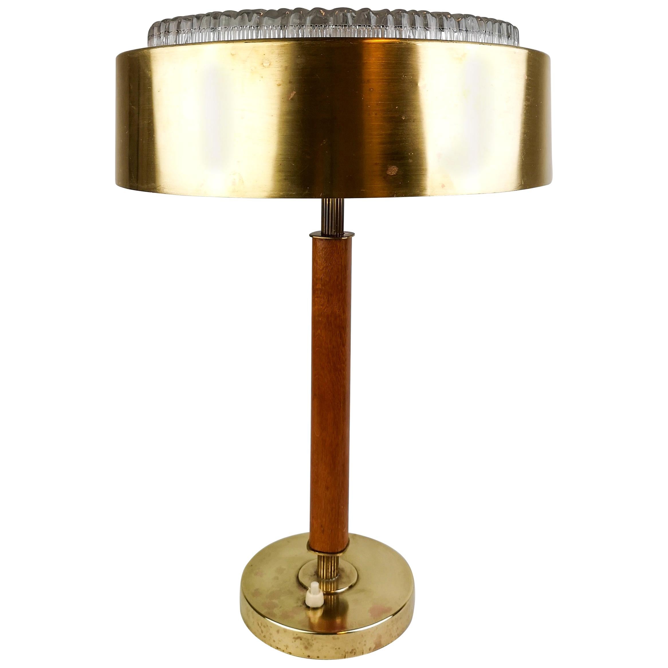 Swedish Midcentury Table Lamp in Brass, Crystal and Wood by Boréns For Sale