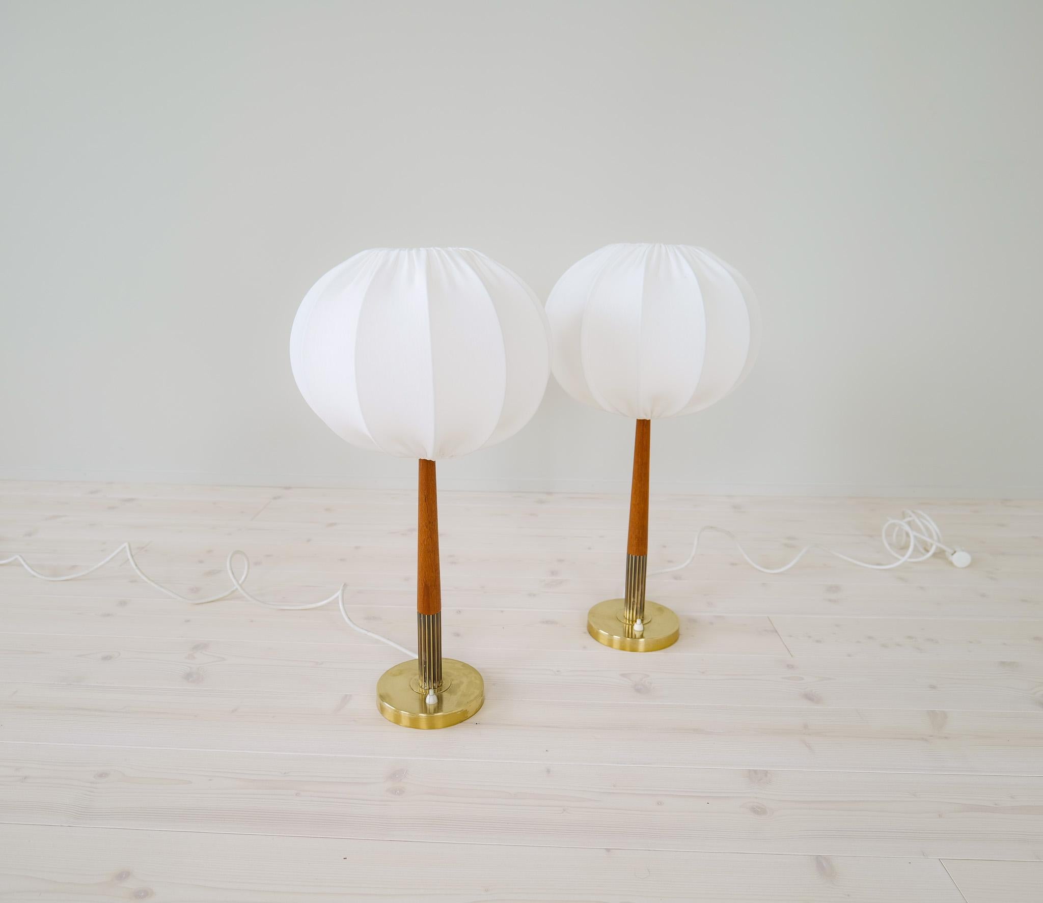 Swedish Midcentury Table Lamps in Brass, Teak and Cotton Shades 