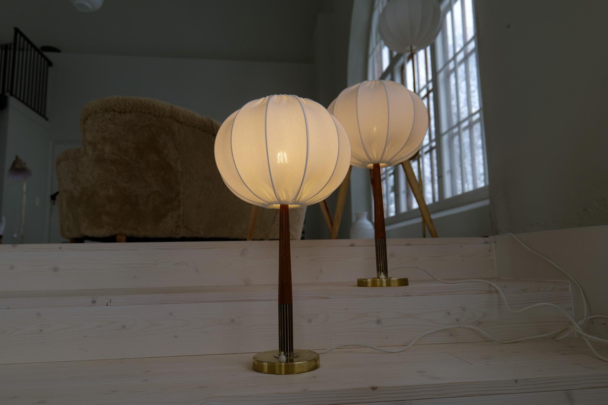 Swedish Midcentury Table Lamps in Brass, Teak and Cotton Shades 