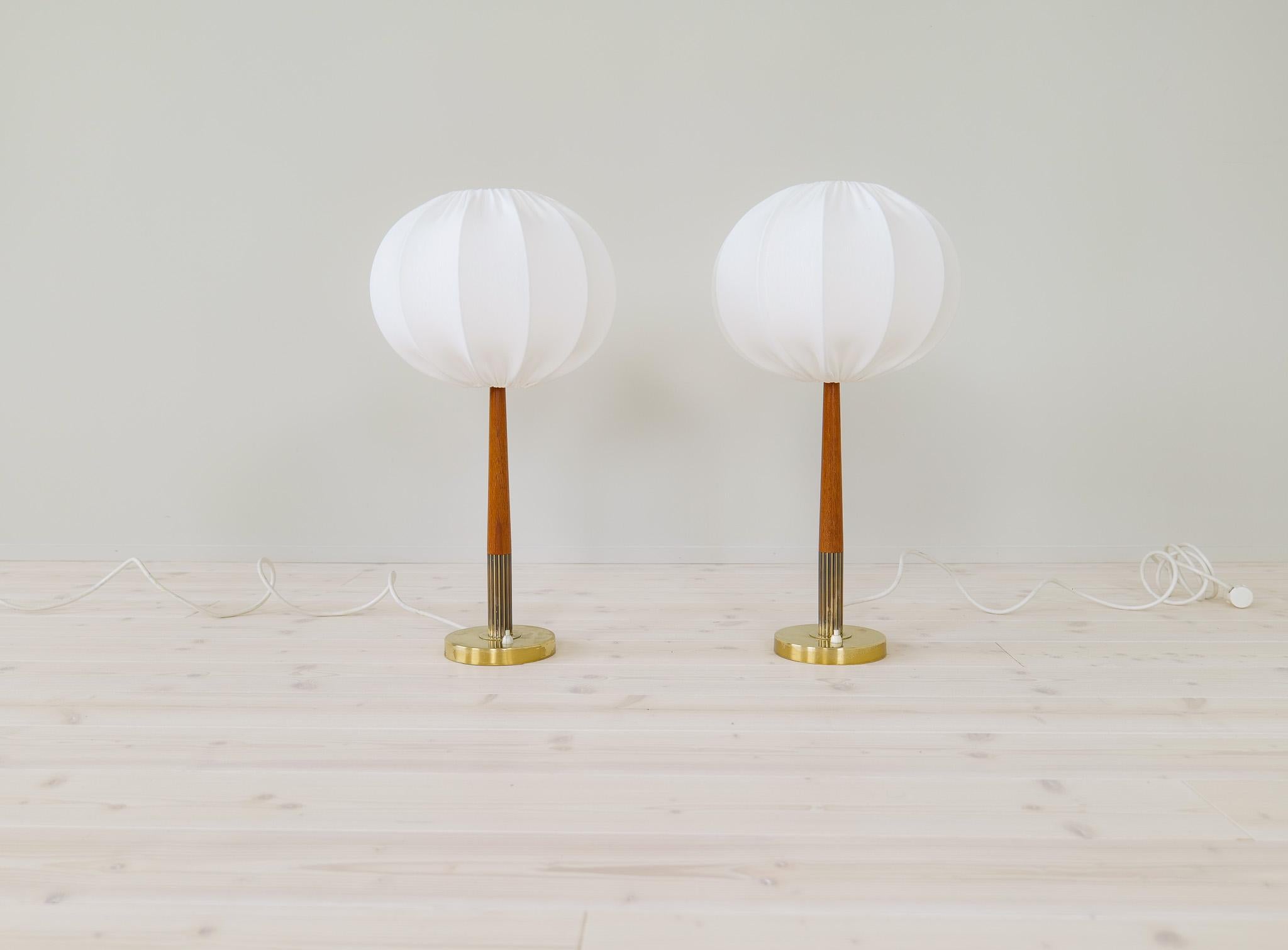 Mid-Century Modern Swedish Midcentury Table Lamps in Brass, Teak and Cotton Shades 