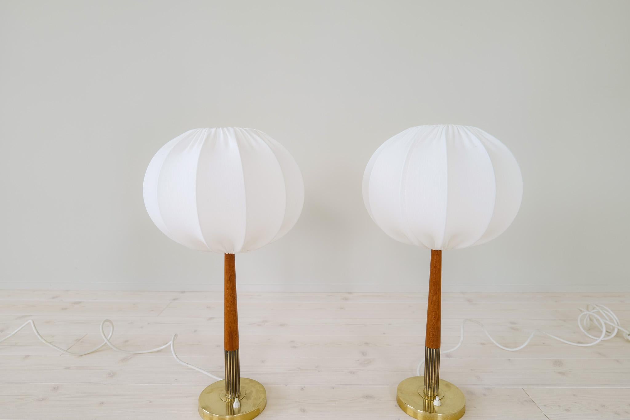 Mid-20th Century Swedish Midcentury Table Lamps in Brass, Teak and Cotton Shades 