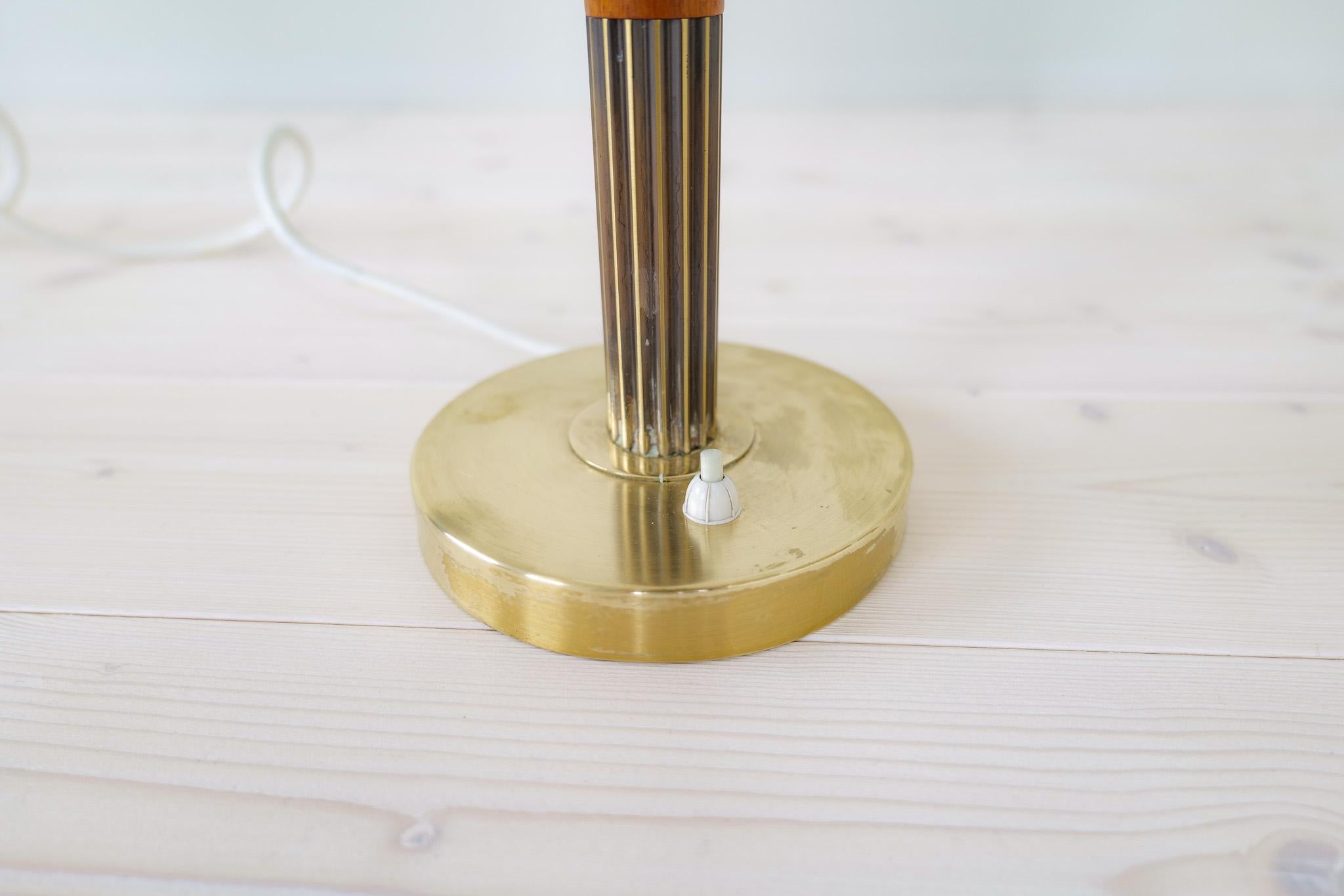 Swedish Midcentury Table Lamps in Brass, Teak and Cotton Shades 