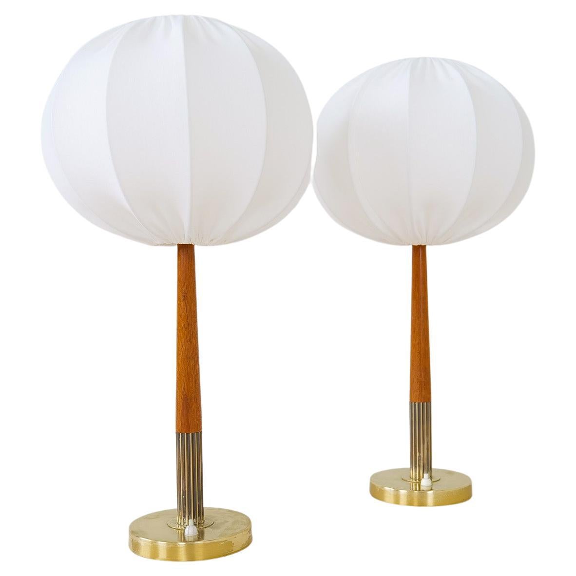 Swedish Midcentury Table Lamps in Brass, Teak and Cotton Shades "Boréns" 1960s