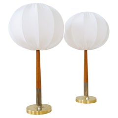 Swedish Midcentury Table Lamps in Brass, Teak and Cotton Shades "BorÃ©ns" 1960s