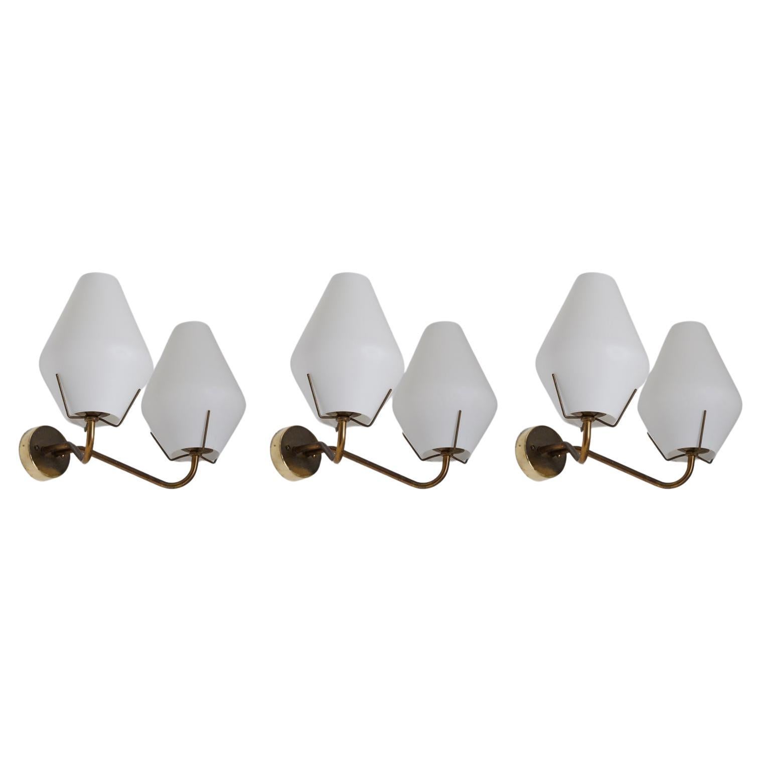 Swedish Midcentury Wall Lamps in Brass and Glass by ASEA