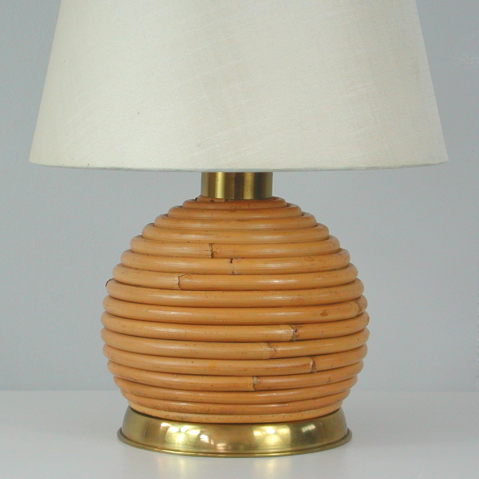 Mid-Century Modern Swedish Midcentury Wicker and Brass Globe Table Lamp, 1960s For Sale