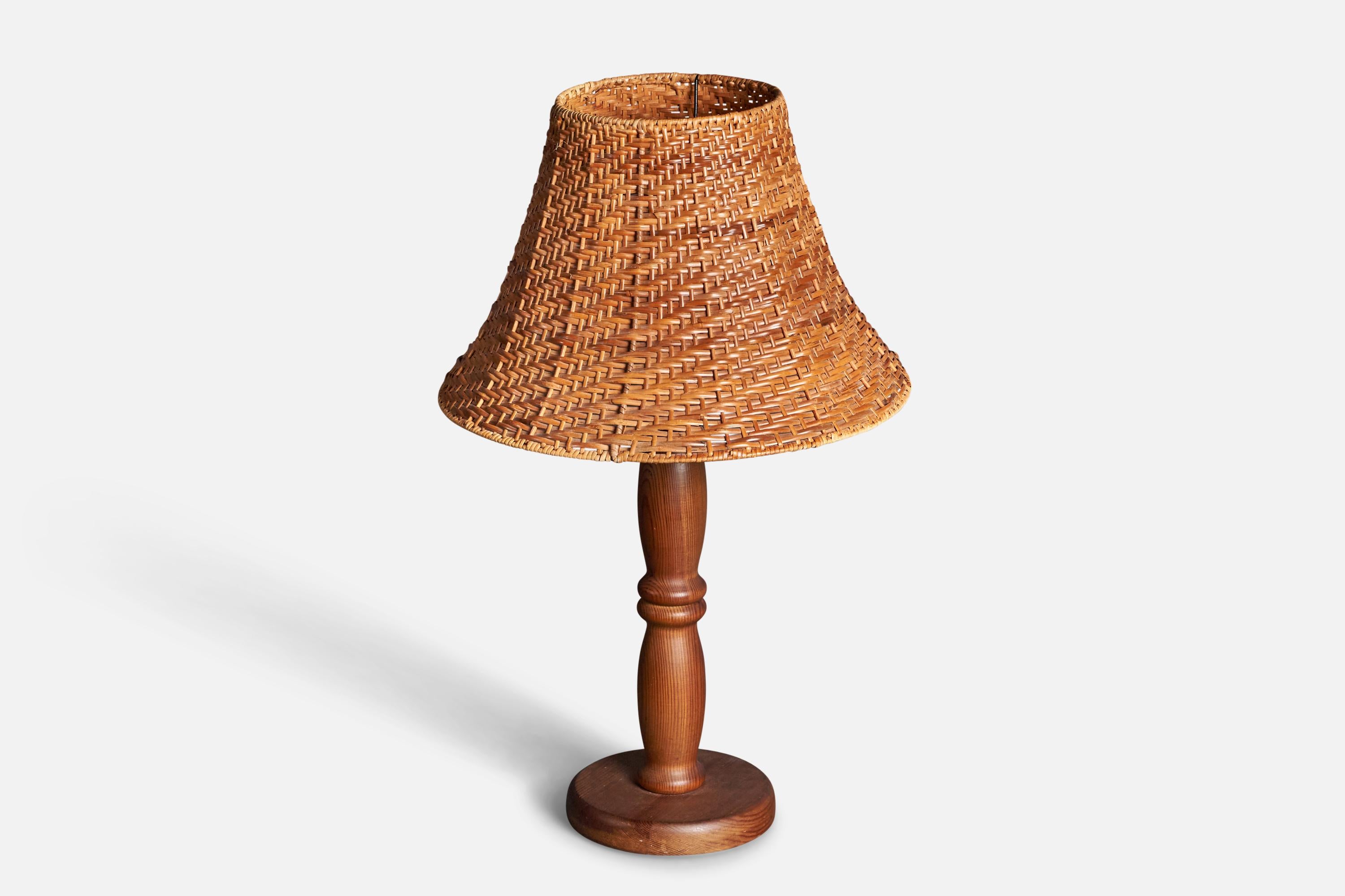 Mid-Century Modern Swedish, Minimalist Table Lamp, Stained Pine, Fabric, Sweden, 1970s For Sale