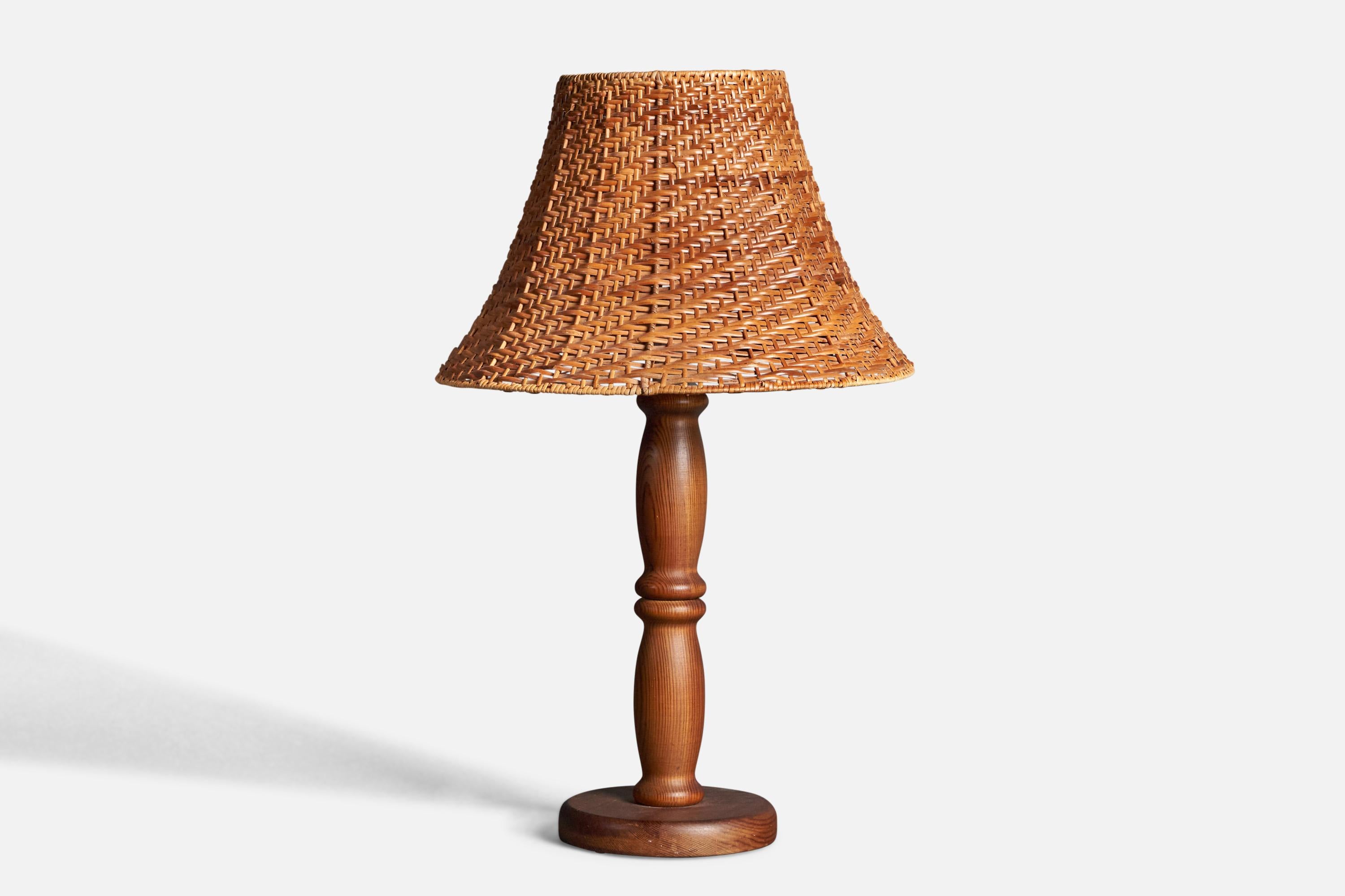 Late 20th Century Swedish, Minimalist Table Lamp, Stained Pine, Fabric, Sweden, 1970s For Sale