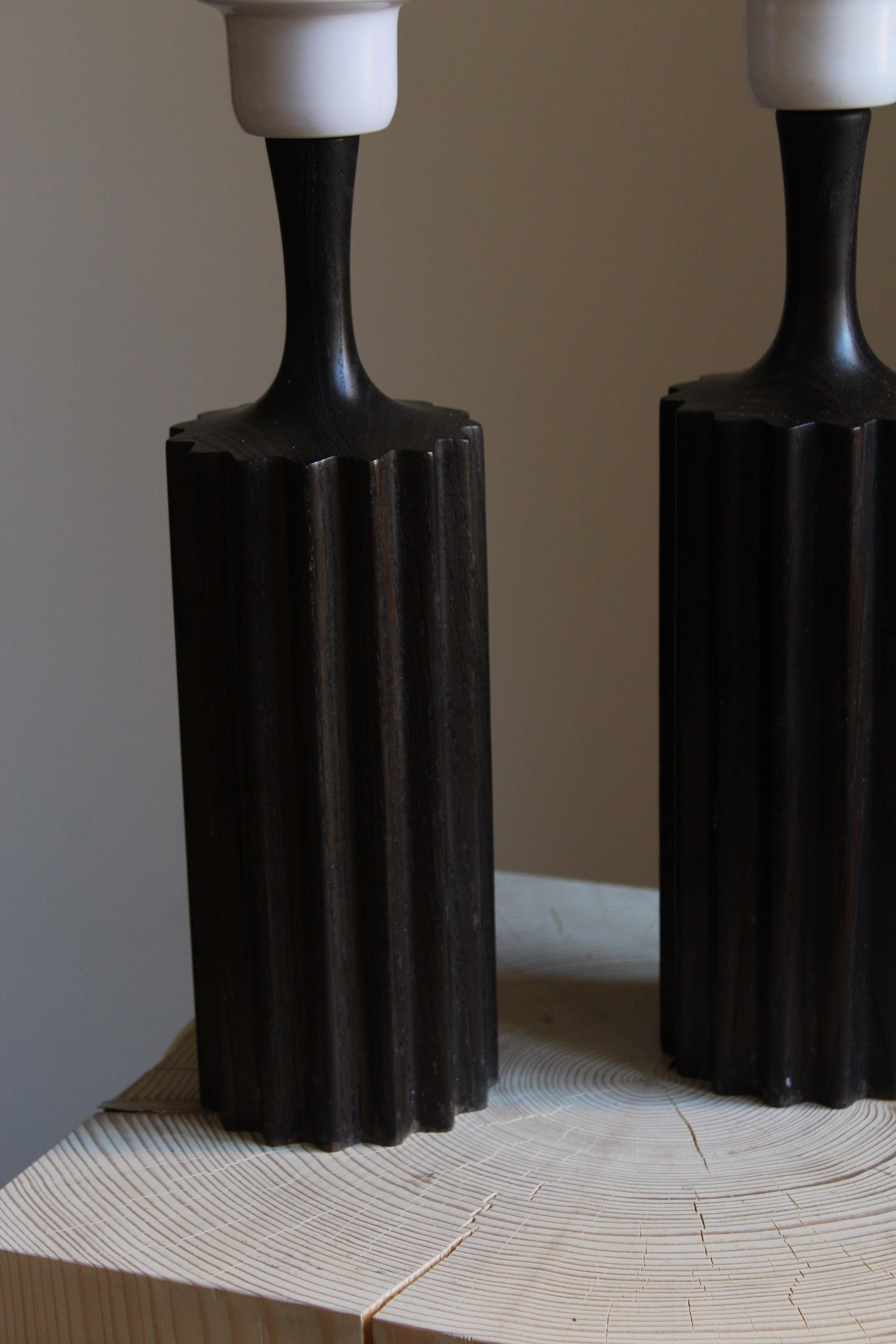Mid-Century Modern Swedish, Minimalist Table Lamps, Stained Pine, Fabric, Sweden, 1960s