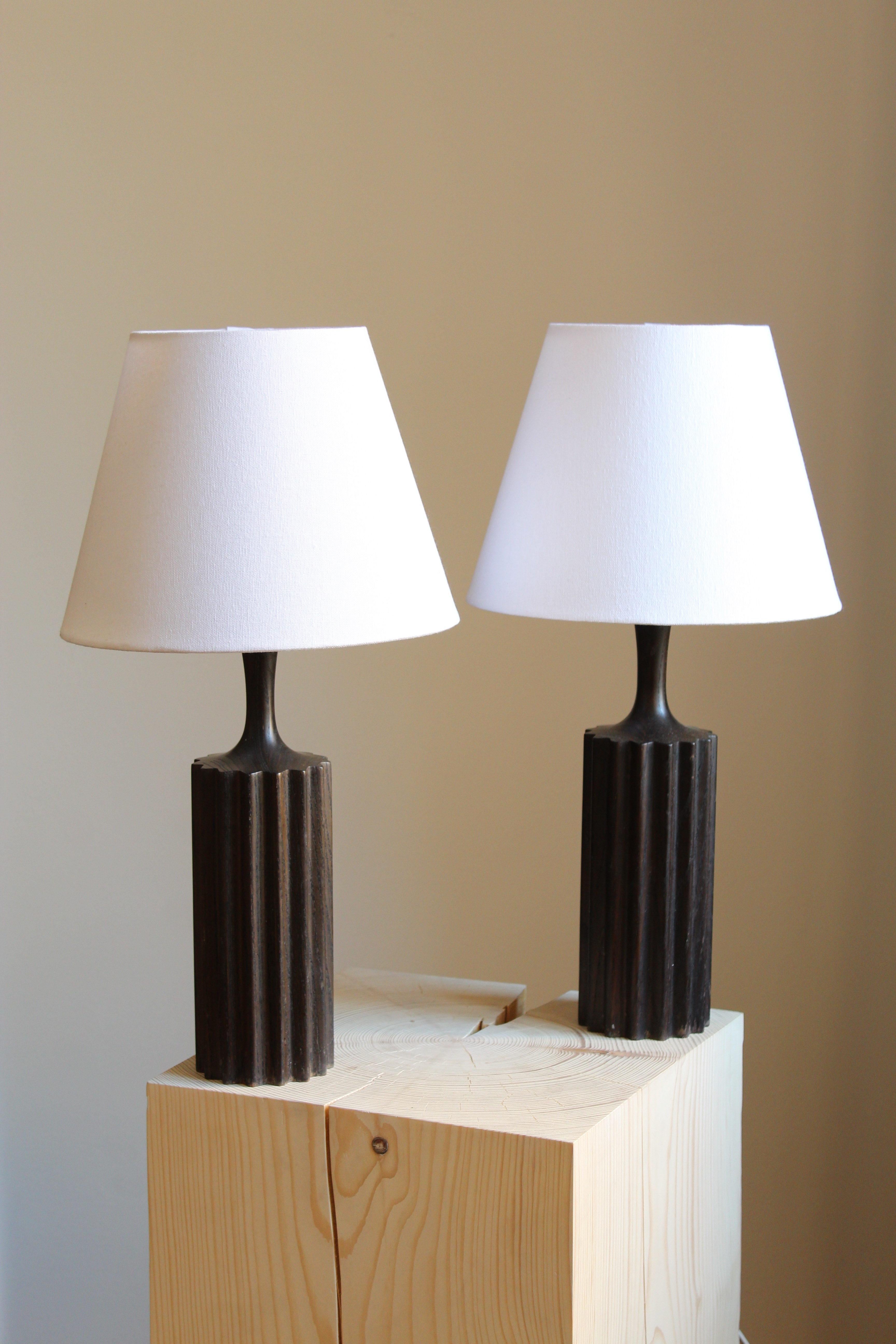 Mid-20th Century Swedish, Minimalist Table Lamps, Stained Pine, Fabric, Sweden, 1960s