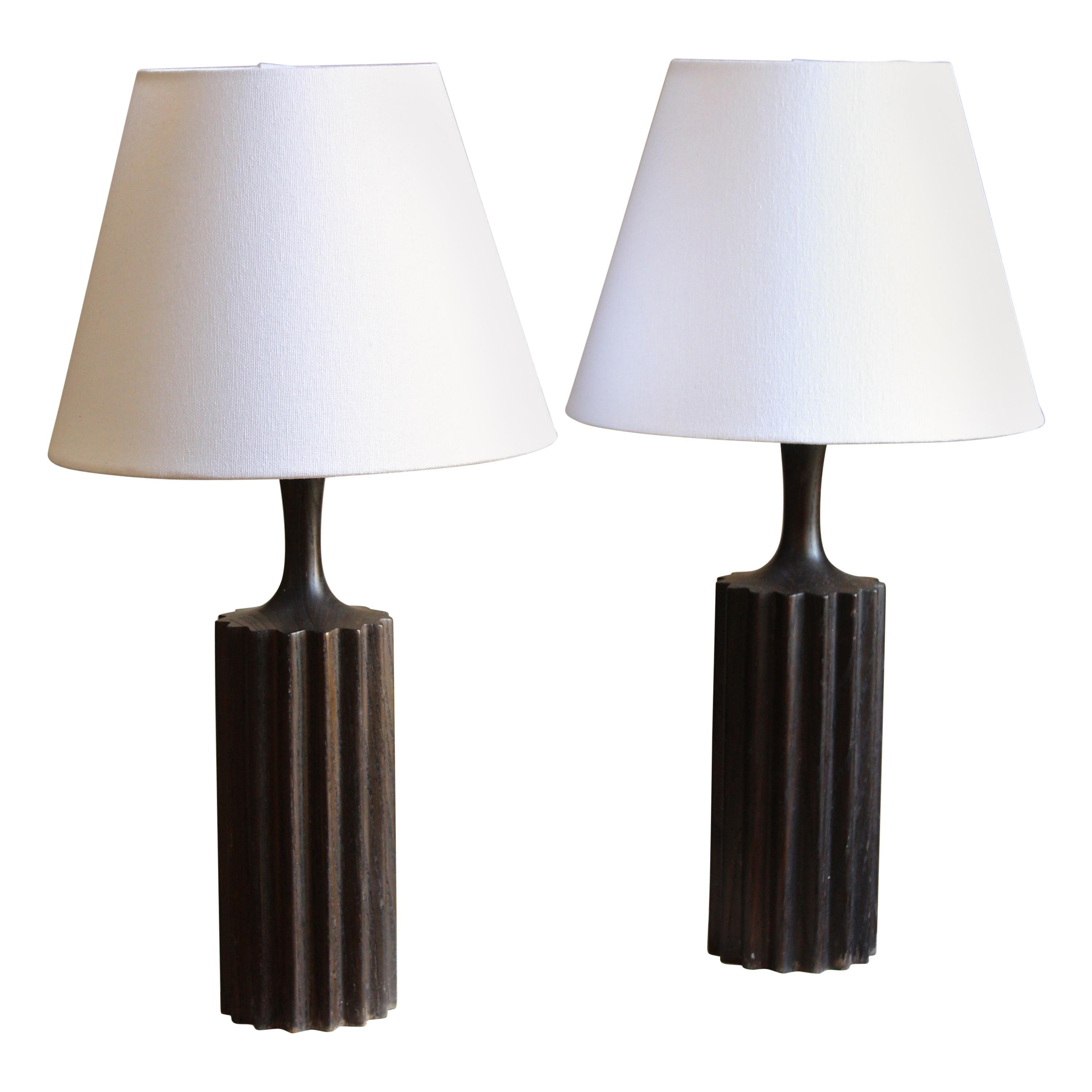 Swedish, Minimalist Table Lamps, Stained Pine, Fabric, Sweden, 1960s