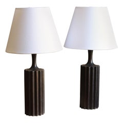 Swedish, Minimalist Table Lamps, Stained Pine, Fabric, Sweden, 1960s