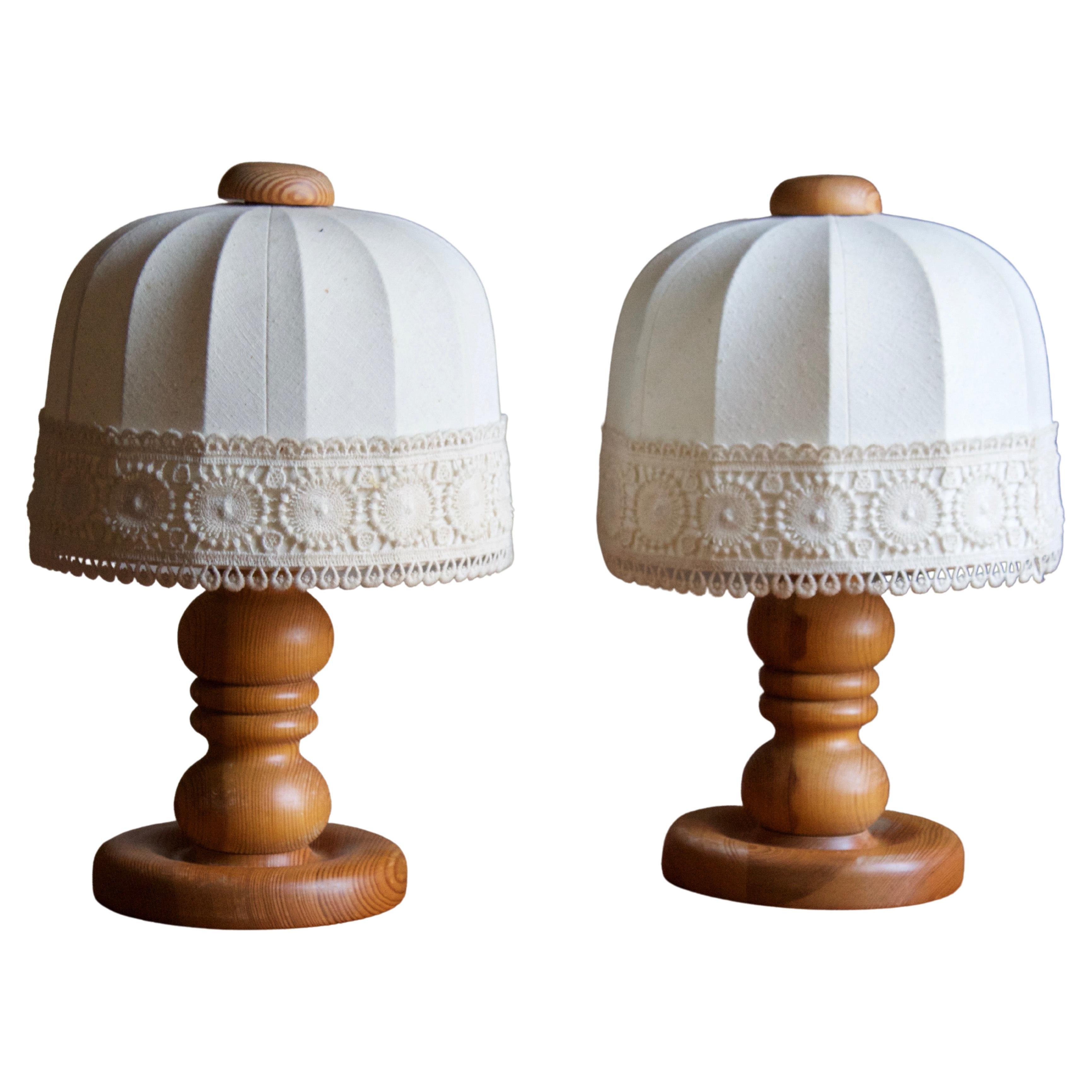 Swedish, Very Small Table Lamp, Solid Pine, Fabric, Sweden, c. 1970s ...