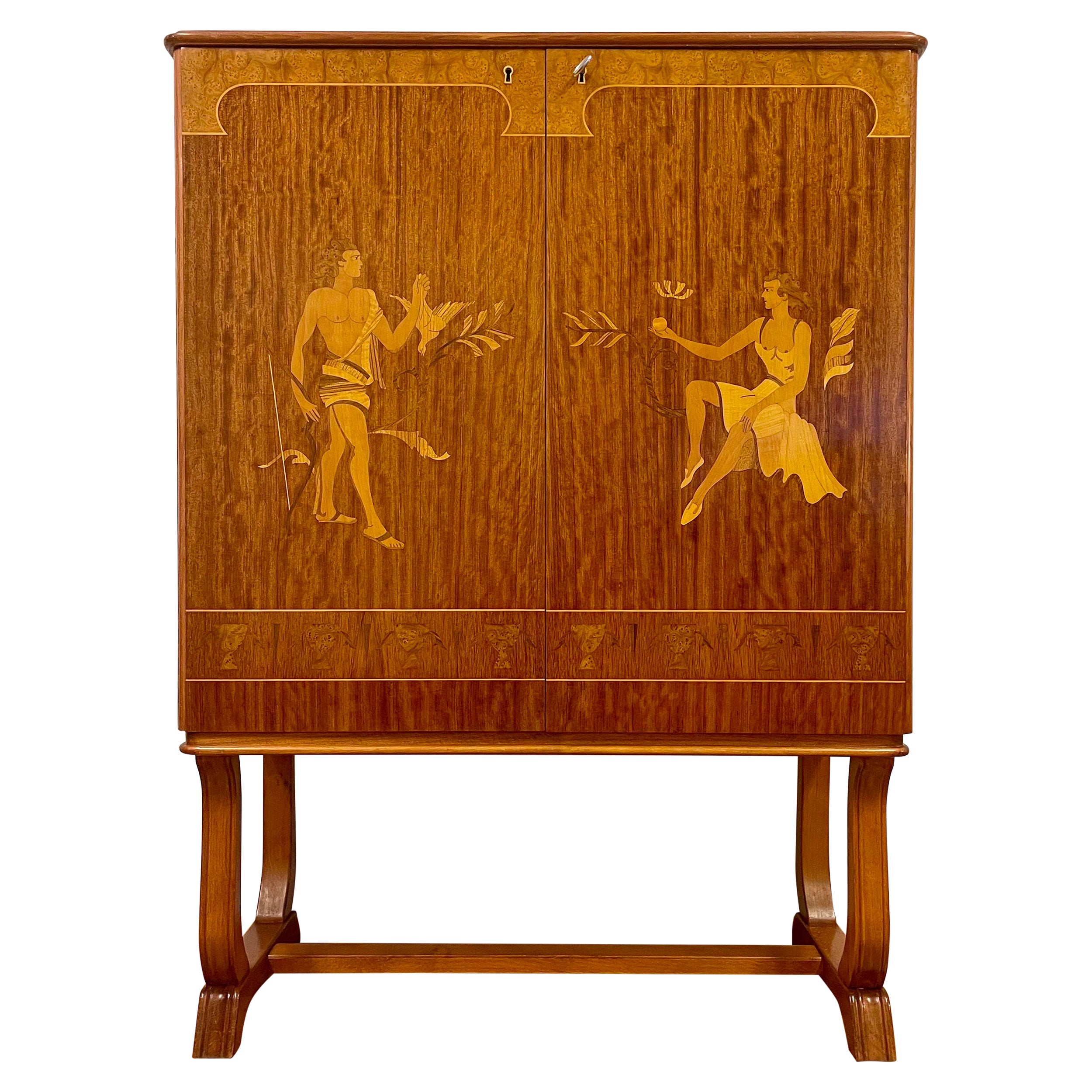 Swedish Modern 1930s Cabinet by Vingåkers Möbelfabrik with Mjölby Intarsia Decor