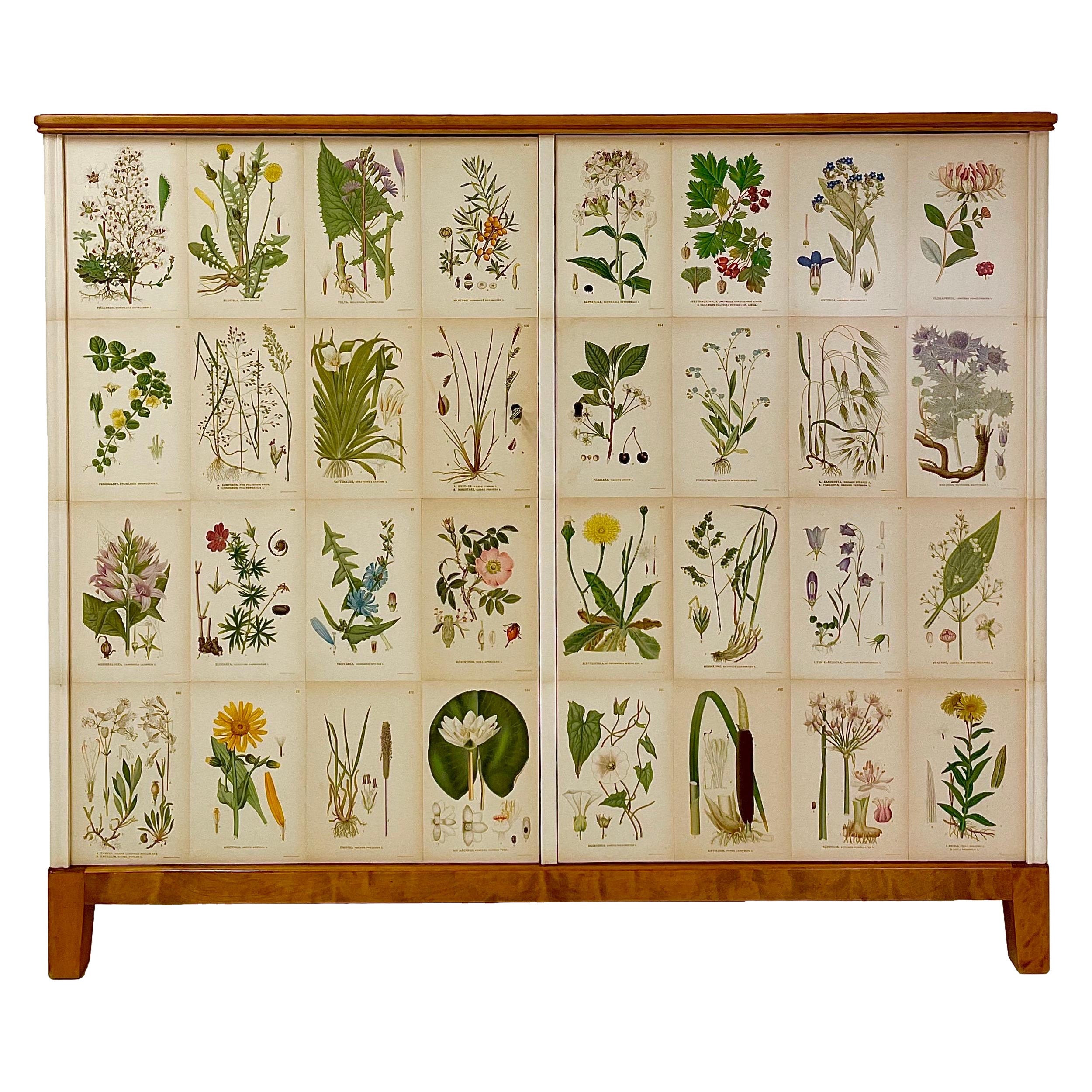 Swedish Modern 1940s Birch Cabinet with Antique Decor of Nordic Wildflowers