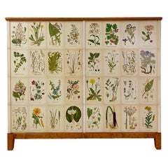 Swedish Modern 1940s Birch Cabinet with Antique Decor of Nordic Wildflowers