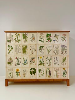 Swedish Modern 1940s Birch Cabinet with Antique Decor of Nordic Wildflowers