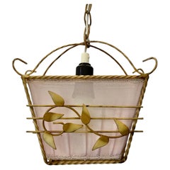 Swedish modern 1940s pendant lamp, steel and textile with leaf decor