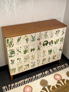 Swedish Modern 1950s Birch Cabinet with Antique Botanical Nordens Flora Decor