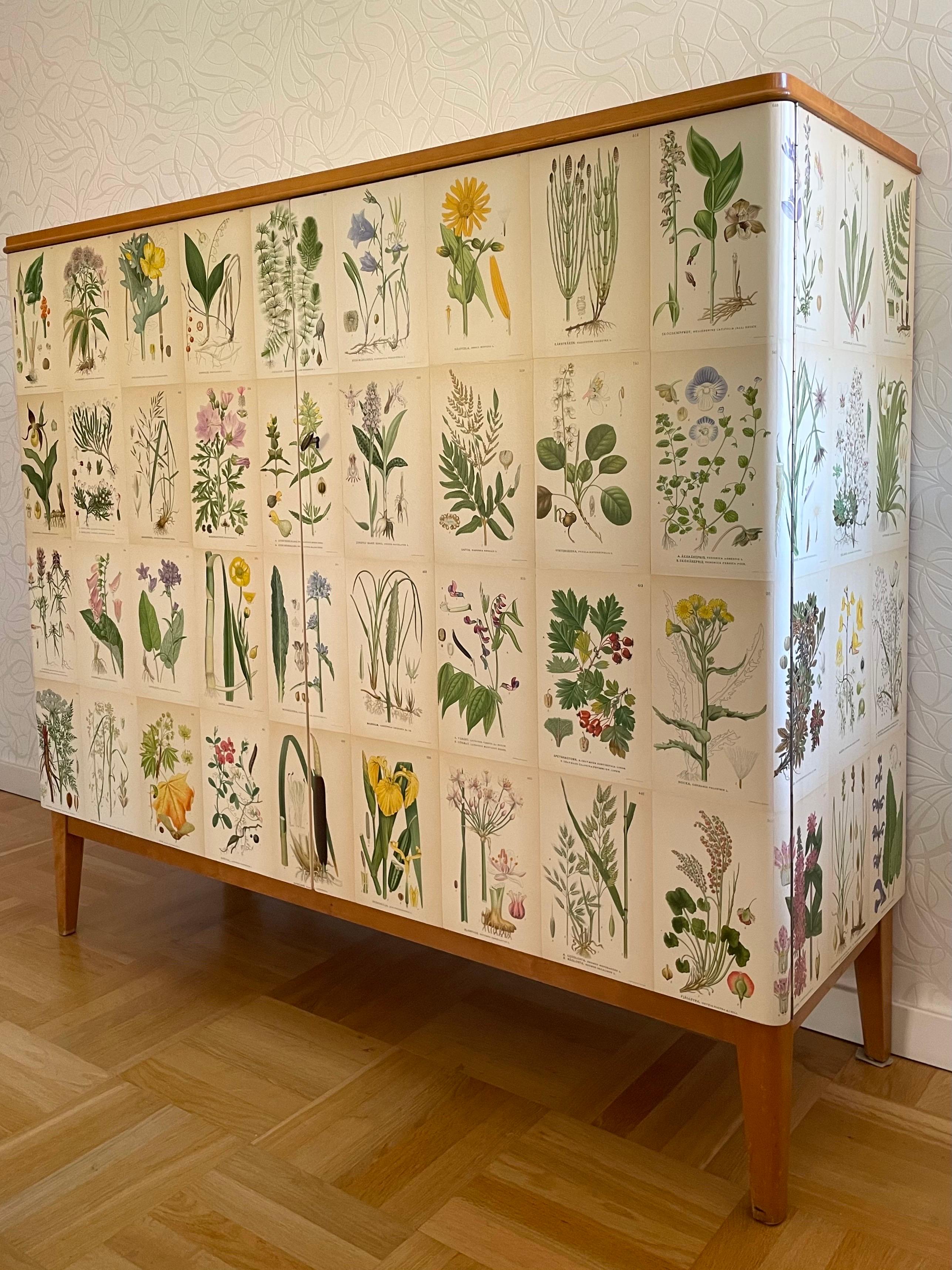 Scandinavian Modern Swedish Modern 1950s Botanical Cabinet in Birch with Nordic Floral Decor