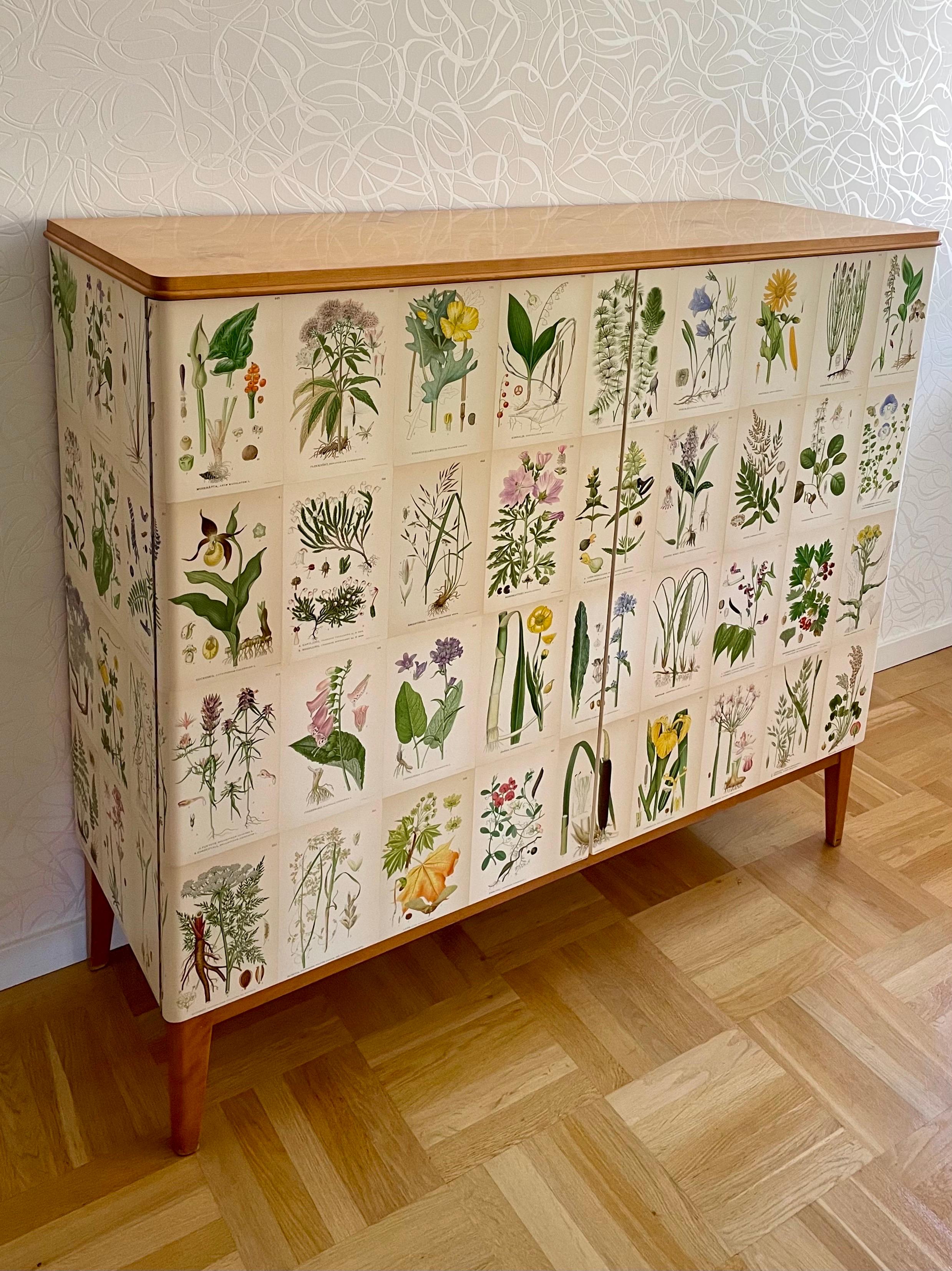 Hand-Crafted Swedish Modern 1950s Botanical Cabinet in Birch with Nordic Floral Decor