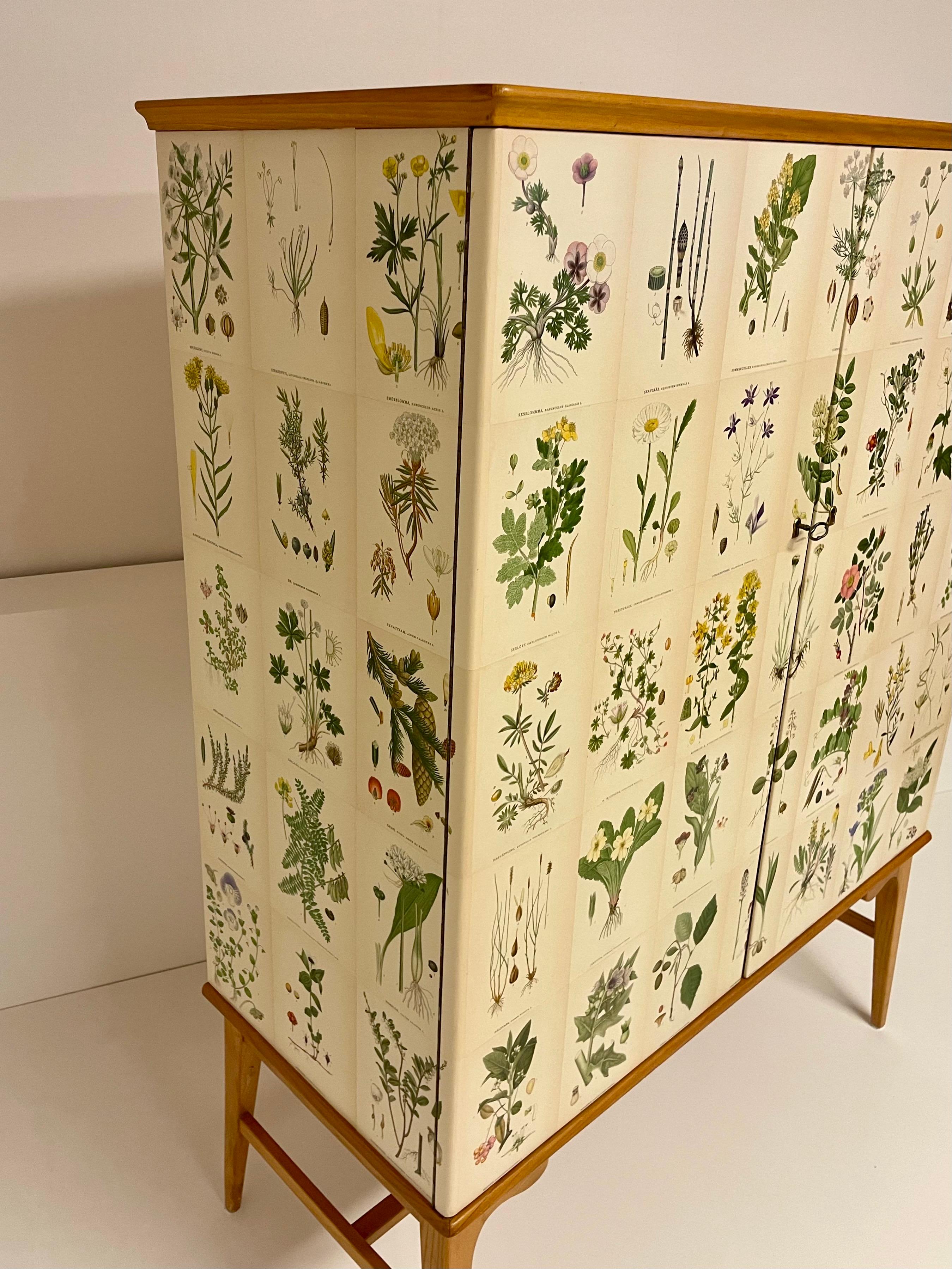 Suédois Armoire suédoise moderne des années 1950 en orme avec décor botanique ancien Nordens Flora en vente