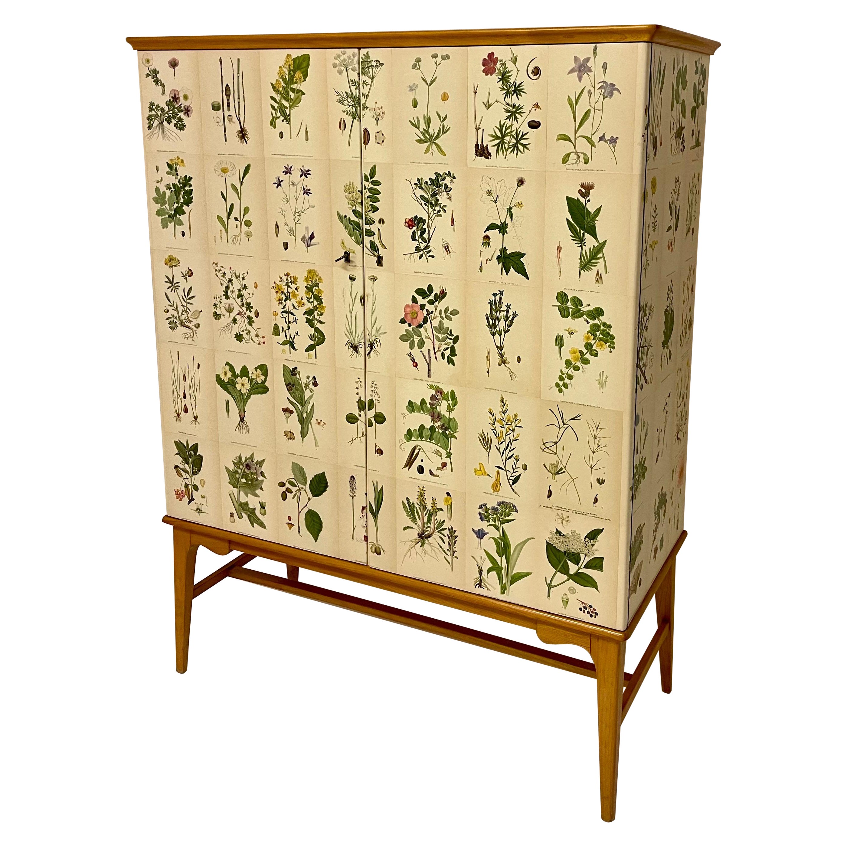 Armoire suédoise moderne des années 1950 en orme avec décor botanique ancien Nordens Flora en vente