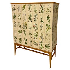 Armadio svedese moderno in olmo del 1950 con decorazioni botaniche antiche di Nordens Flora