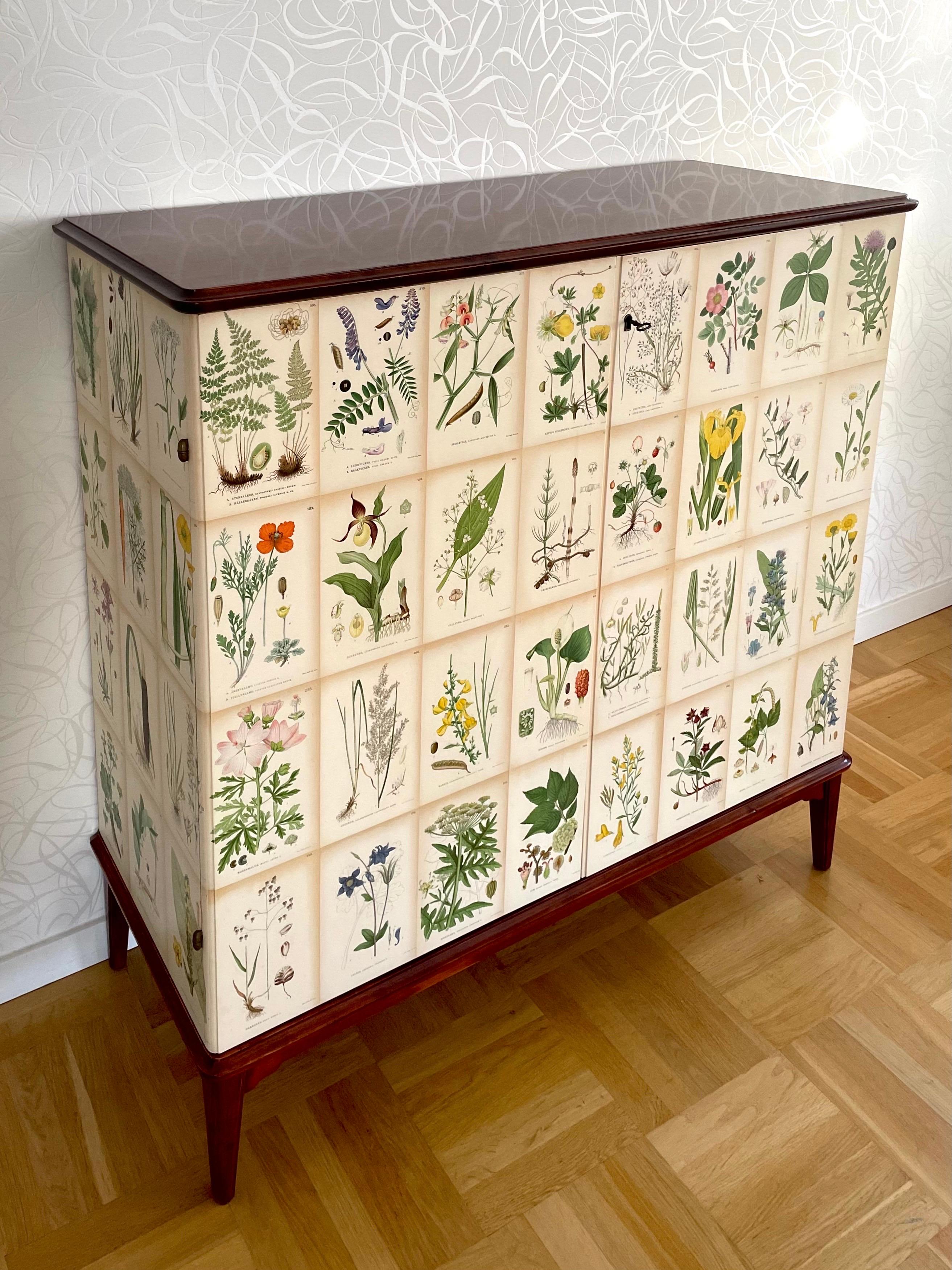 Scandinavian Modern Swedish Modern 1950s Mahogny Cabinet with Nordens Flora (Nordic Flowers) Decor 
 For Sale